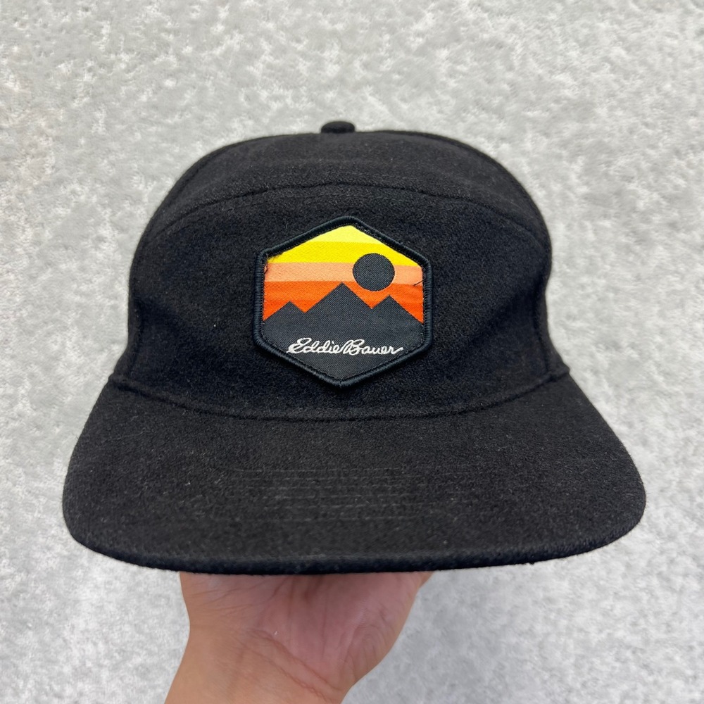 Eddie Bauer 5 Panel Hat OS Black Wool Blend Mountain Sunset Patch Snapback Cap